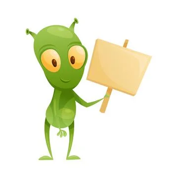 Funny Green Alien Character with Big Eyes and Small Antenna on Head Holding Pole Stock Illustration