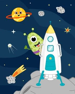 Funny green alien on space rocket on the Moon. Childish space illustration Stock Illustration