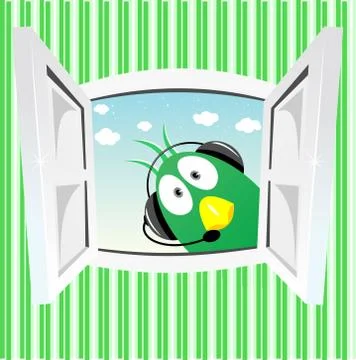 Funny green bird looking into open window Stock-Illustration