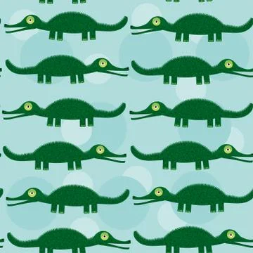Funny green crocodile Seamless pattern with cute animal on a blue background Stock Illustration