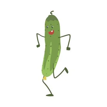 Funny Green Cucumber Character Dancing Moving Hand and Legs Vector Illustration Stock Illustration