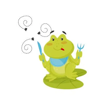 Funny green frog sitting on lotus leaf with knife and fork in its paws, ready to Stock Illustration