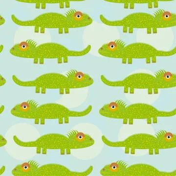 Funny green iguana Seamless pattern with cute animal on a blue background Stock Illustration