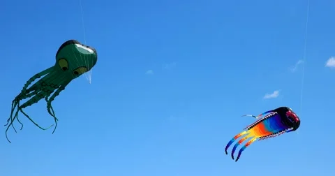 Funny green octopus playing with a cute dragon in the air, kites in the sky Stock Footage 66781666