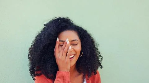 Funny green screen, comic face and black woman with smile for hair care Stock Photos