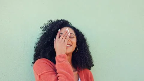 Funny green screen, comic face and black woman with smile for hair care Stock Photos