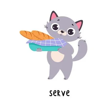 Funny Grey Cat with Bread Serve as English Verb for Educational Activity Vector 스톡 일러스트