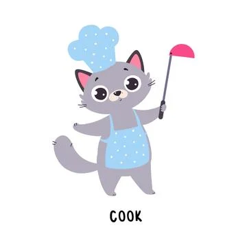Funny Grey Cat Chef Cook as English Verb for Educational Activity Vector Stock Illustration