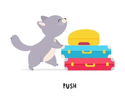 Funny Grey Cat Push Suitcases as English Verb for Educational Activity Vector Stock Illustration