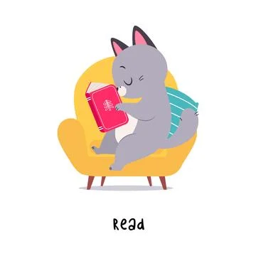 Funny Grey Cat Read Book as English Verb for Educational Activity Vector Stockillustratie