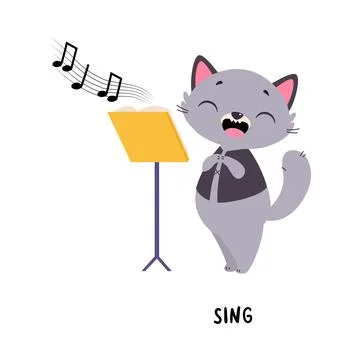 Funny Grey Cat Sing on Stage as English Verb for Educational Activity Vector Stock Illustration