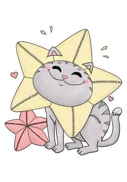 Funny grey cat with star shape pillow, crochet Stock Illustration