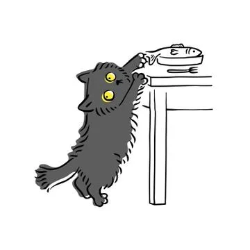 Funny grey cat stealing fish off the table and looking around Illustrazione stock
