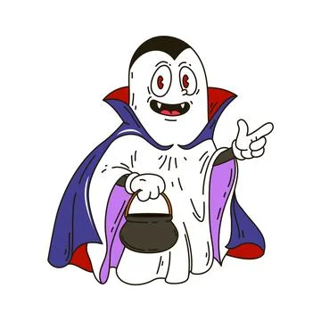 Funny groovy Halloween ghost with sharp fangs Stock Illustration