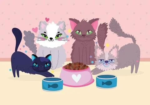 Funny group cats animals with canned fish and food bowl Stock Illustration