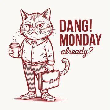 Funny Grumpy Cat Dang Monday Already Coffee Office Worker Humor Quote Retro.. Illustrazione stock
