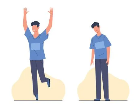 Funny guy and sad guy. Good and bad mood. Different emotions. Successful and Stock Illustration