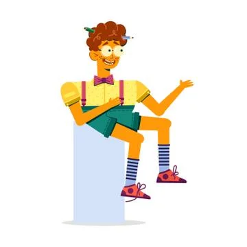 Funny guy with braces and bow tie sits. Stock Illustration