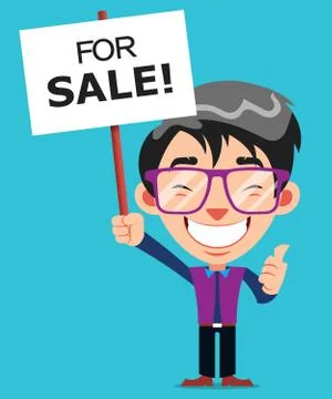 Funny Guy Cartoon Character With Glasses Holding A Sale Sign Stock Vector Stock Illustration