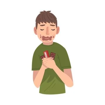 Funny Guy with Face Dirty with Melt Chocolate Holding Chocolate Bars, Sweet Stock Illustration