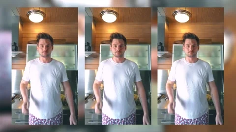 Funny guy freak funny dancing in his kitchen at home Video stock 150672840