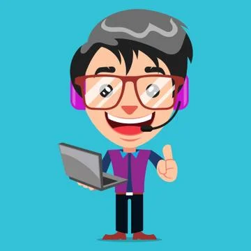 Funny Guy Nerd Cartoon Customer Service Call Center Vector Stock Illustration
