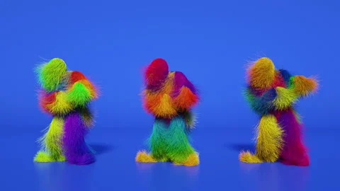 Funny hairy multicolored monsters men characters dancing . Furry beasts having Stock Footage