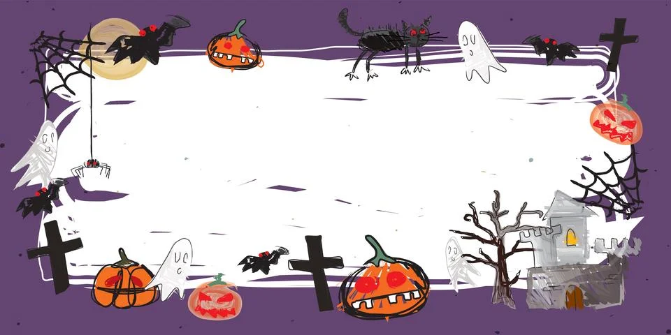 Funny Halloween elements around white blank frame hand drawn childish style.. Stock Illustration