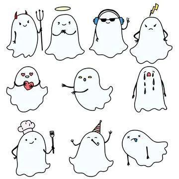 Funny Halloween Ghost Character. Hand Drawn Doodle Ghost Face Emotion. Cute Stock Illustration