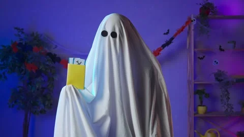 Funny halloween ghost in white sheet with black eyes in dark room holding Stock Footage 285744414