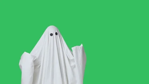Funny halloween ghost in white sheet wears black glasses dancing coolly Stock Footage 285750497