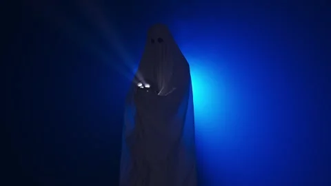 Funny halloween ghost in white sheet silhouette with skull lighted with 스톡 동영상 285752828