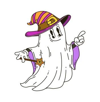 Funny Halloween ghost wizard with magic wand Stockillustratie