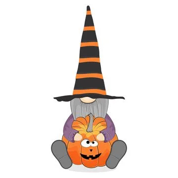 Funny halloween gnome with pumpkin. Vector illustration. Stock Illustration