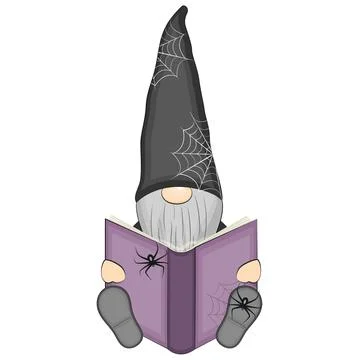 Funny halloween gnome reading magic book. Vector illustration. Stock Illustration