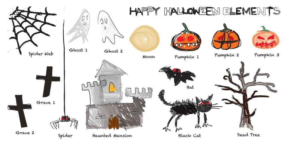 Funny Halloween isolated elements hand drawn style graphic illustration. Stock Illustration
