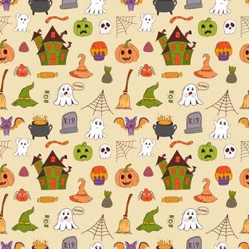 Funny halloween seamless pattern: pumpkin, ghost, witch hat, bat, sweets, spider Stock Illustration