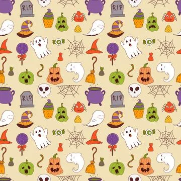 Funny halloween seamless pattern: pumpkin, ghost, witch hat, bat, sweets, spider Stock Illustration