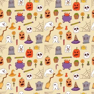 Funny halloween seamless pattern: pumpkin, ghost, witch hat, bat, sweets, spider Illustrazione stock