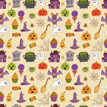 Funny halloween seamless pattern: pumpkin, ghost, witch hat, bat, sweets, s.. Stock Illustration