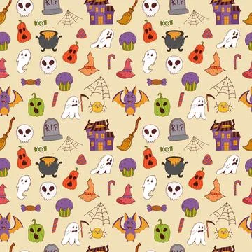 Funny halloween seamless pattern: pumpkin, ghost, witch hat, bat, sweets, spi Stock Illustration
