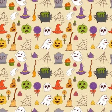 Funny halloween seamless pattern: pumpkin, ghost, witch hat, bat, sweets, spi Stock Illustration
