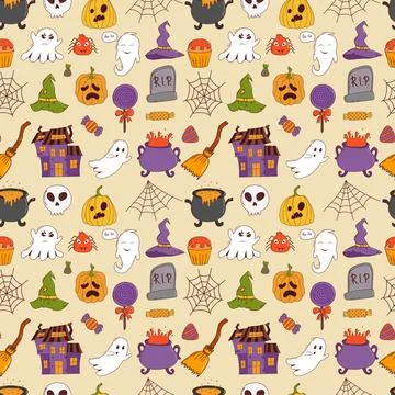Funny halloween seamless pattern: pumpkin, ghost, witch hat, bat, sweets, spi Stock Illustration