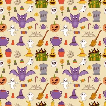 Funny halloween seamless pattern: pumpkin, ghost, witch hat, bat, sweets, spi Stock Illustration
