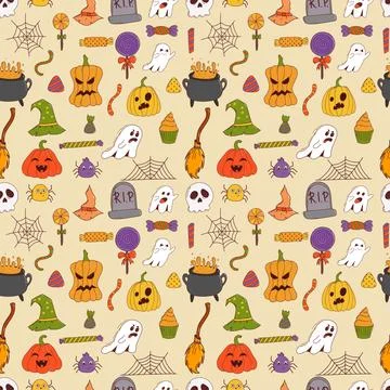Funny halloween seamless pattern: pumpkin, ghost, witch hat, bat, sweets, spi Illustrazione stock