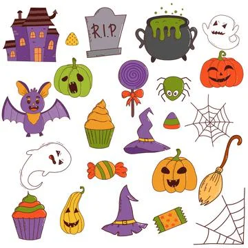 Funny halloween set: pumpkin, ghost, witch hat, bat, sweets, spider, broom Stock Illustration