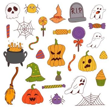 Funny halloween set: pumpkin, ghost, witch hat, bat, sweets, spider, broom. T Stock Illustration