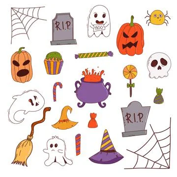 Funny halloween set: pumpkin, ghost, witch hat, bat, sweets, spider, broom. T Stock Illustration