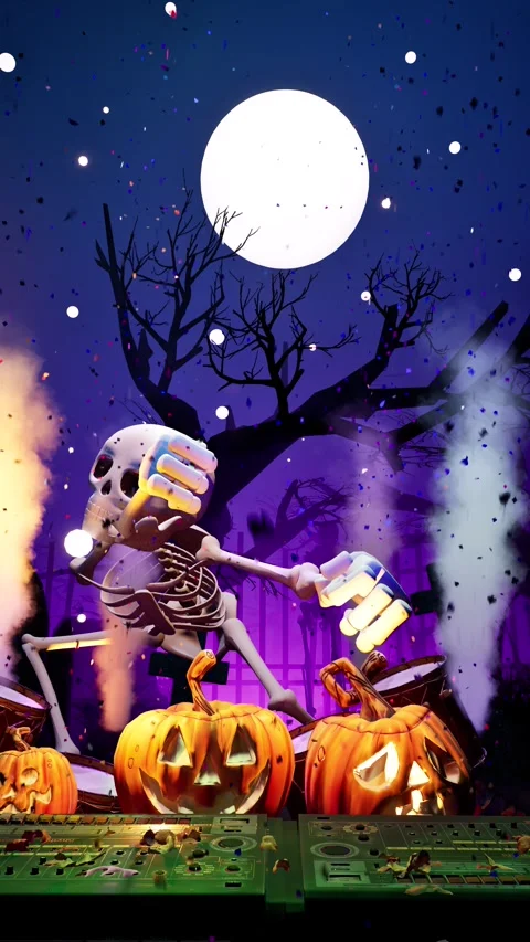Funny Halloween Skeleton DJ Dancing at Party with Jack O Lanterns Vertical 3D An Stock Footage 344138083
