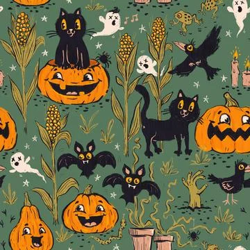 Funny Halloween vintage pattern in retro cartoon style. Cute black cats, pu.. Illustrazione stock